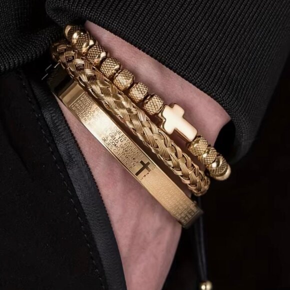 NEW - 3PC STUNNING STAINLESS STEEL BRACELET SET FAITH BASED - GOLD - Picture 5 of 5